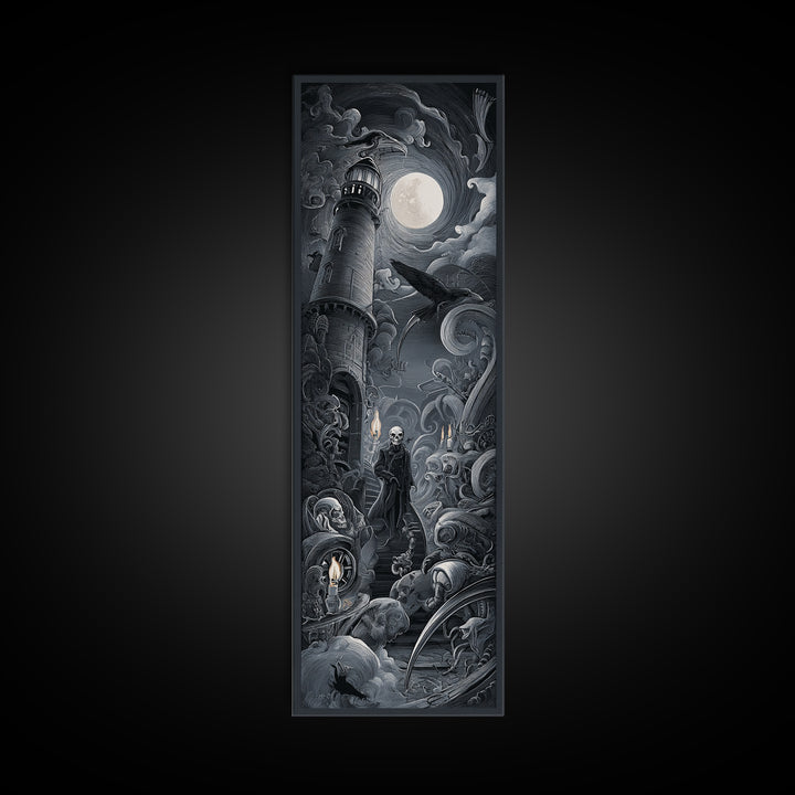Haunted Seaside Halloween, Biomechanical Horror Art, Tall Narrow Wall Art, Dark Fantasy Wall Art, Canvas Print, Halloween Wall Art