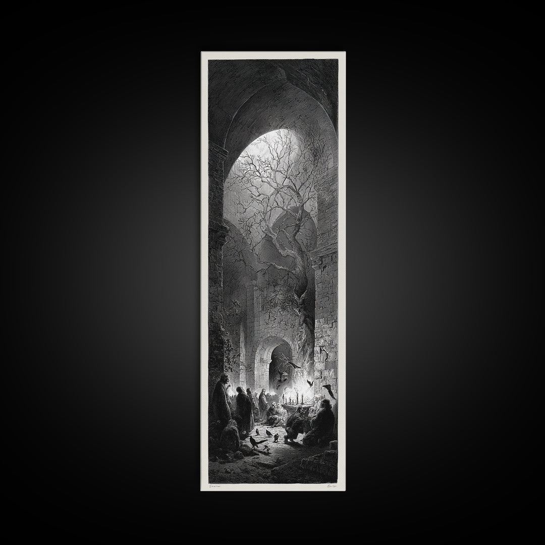 The Candlelit Crypt, Gothic Engraving Art, Tall Narrow Wall Art, Dark Fantasy Wall Art, Canvas Print, Halloween Wall Art