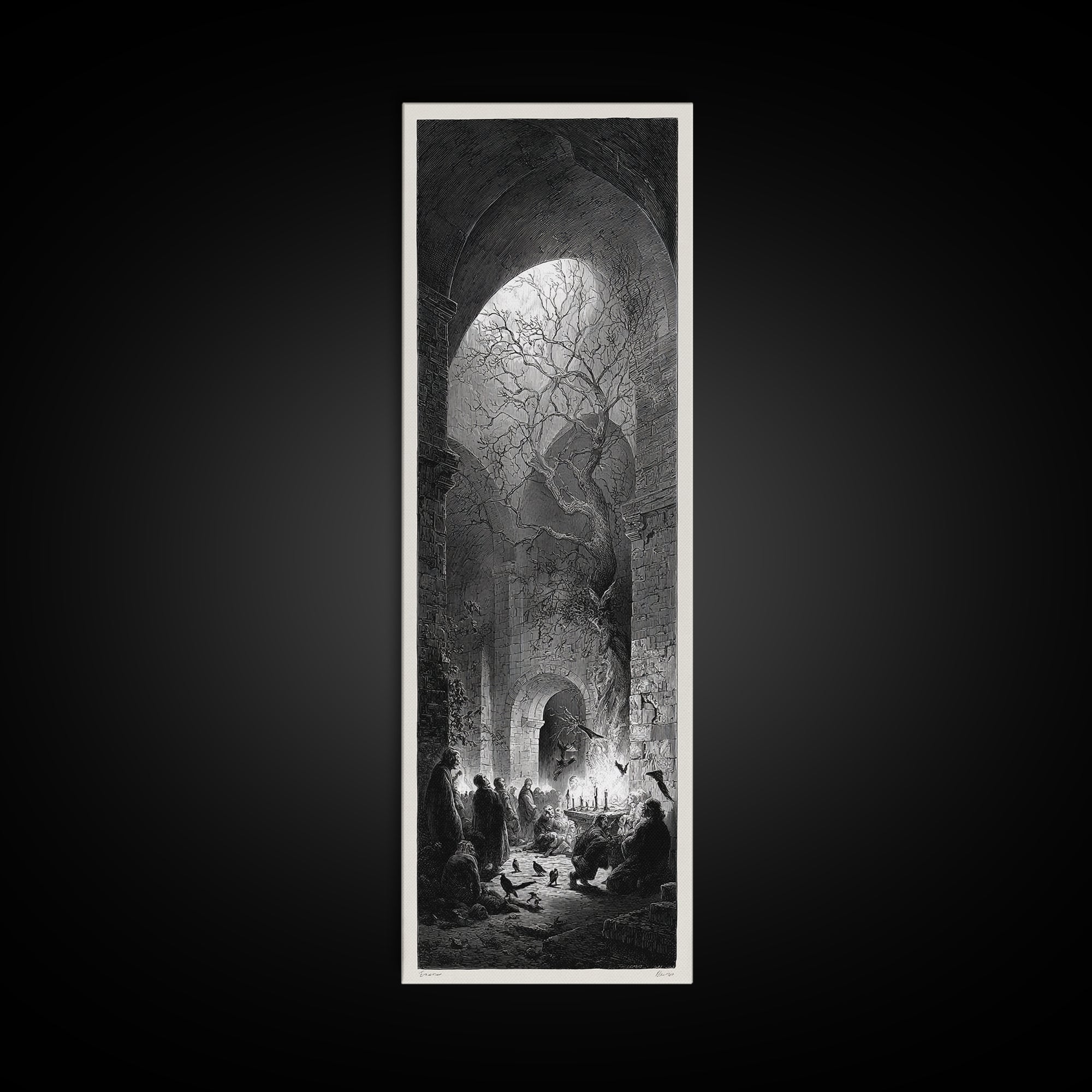 The Candlelit Crypt, Gothic Engraving Art, Tall Narrow Wall Art, Dark Fantasy Wall Art, Canvas Print, Halloween Wall Art