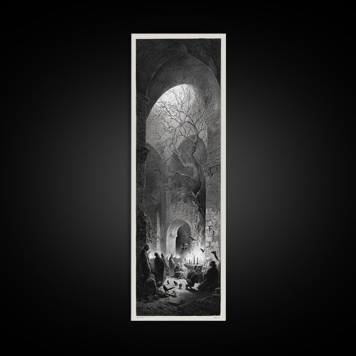 The Candlelit Crypt, Gothic Engraving Art, Tall Narrow Wall Art, Dark Fantasy Wall Art, Canvas Print, Halloween Wall Art