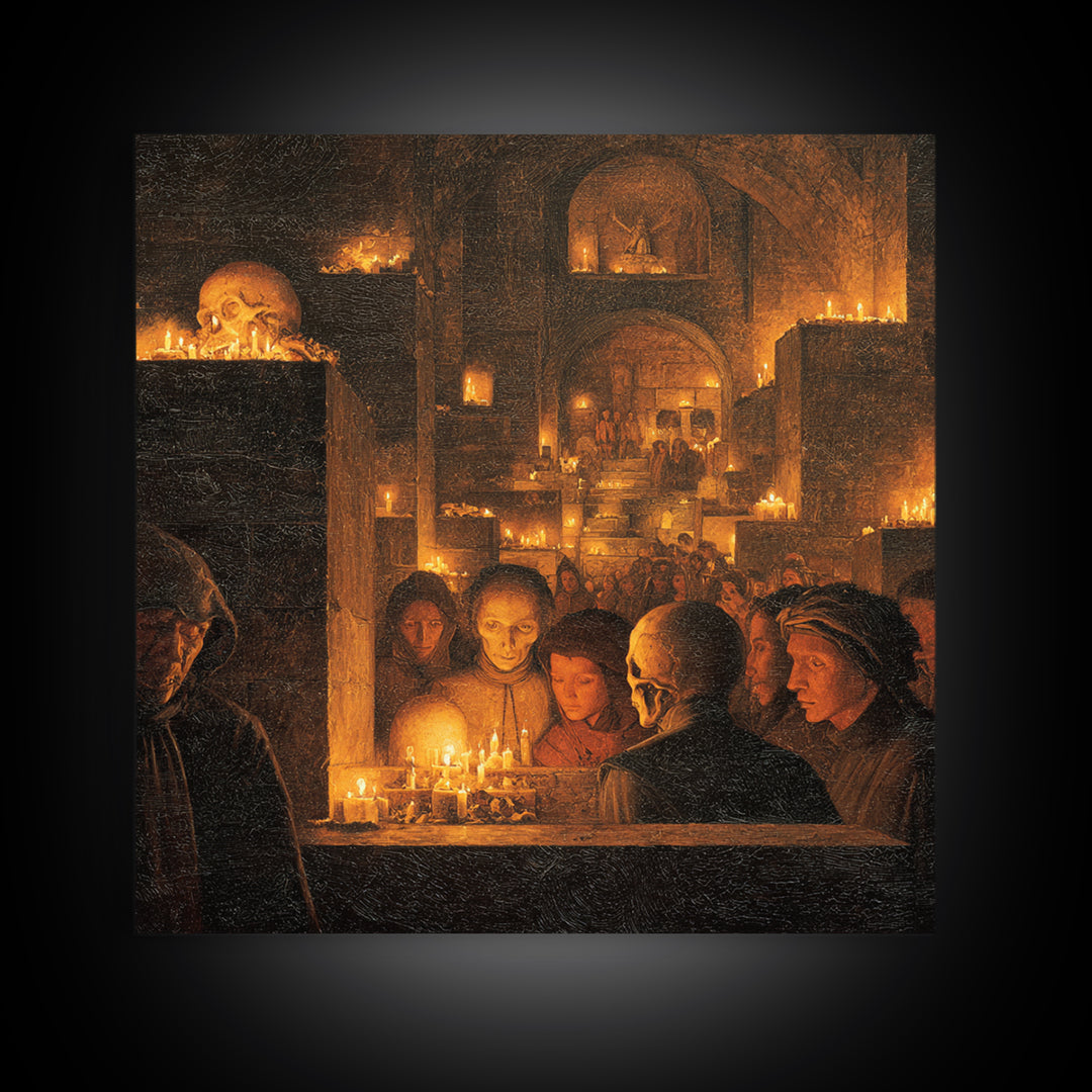 The Candlelit Crypt, Danse Macabre Art, Square Wall Art, Macabre Wall Art, Canvas Print, Halloween Wall Art