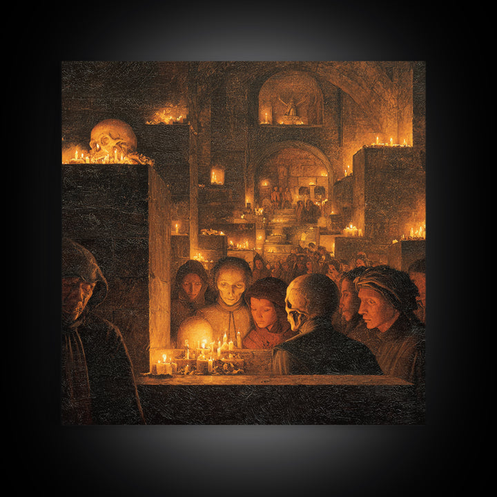 The Candlelit Crypt, Danse Macabre Art, Square Wall Art, Macabre Wall Art, Canvas Print, Halloween Wall Art