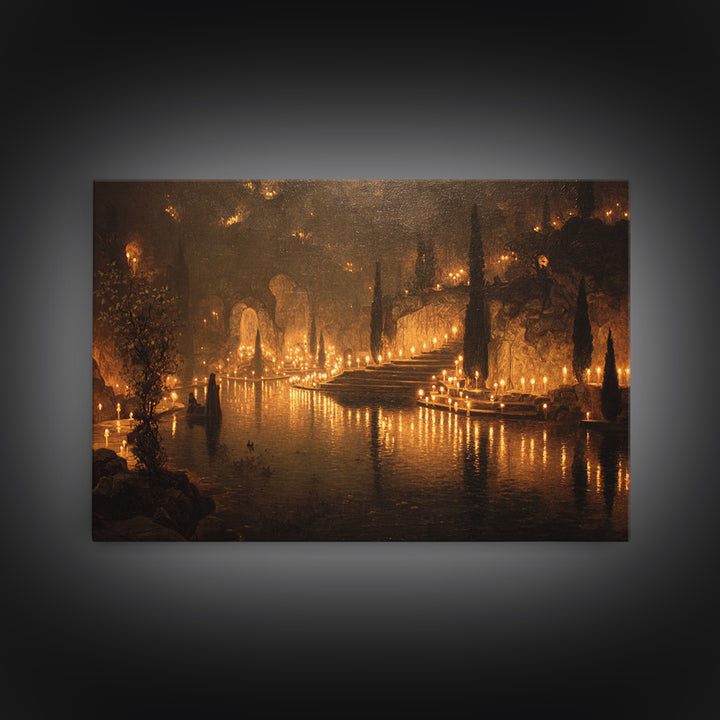 The Candlelit Crypt, Symbolist Gothic Landscape, Landscape Wall Art, Macabre Wall Art, Framed Canvas Print, Halloween Wall Art