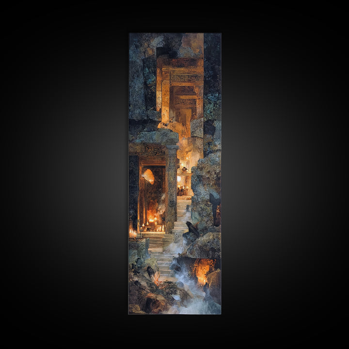 The Candlelit Crypt, Ornate Symbolist Art, Tall Narrow Wall Art, Dark Halloween Decor, Framed Canvas Print, Halloween Wall Art