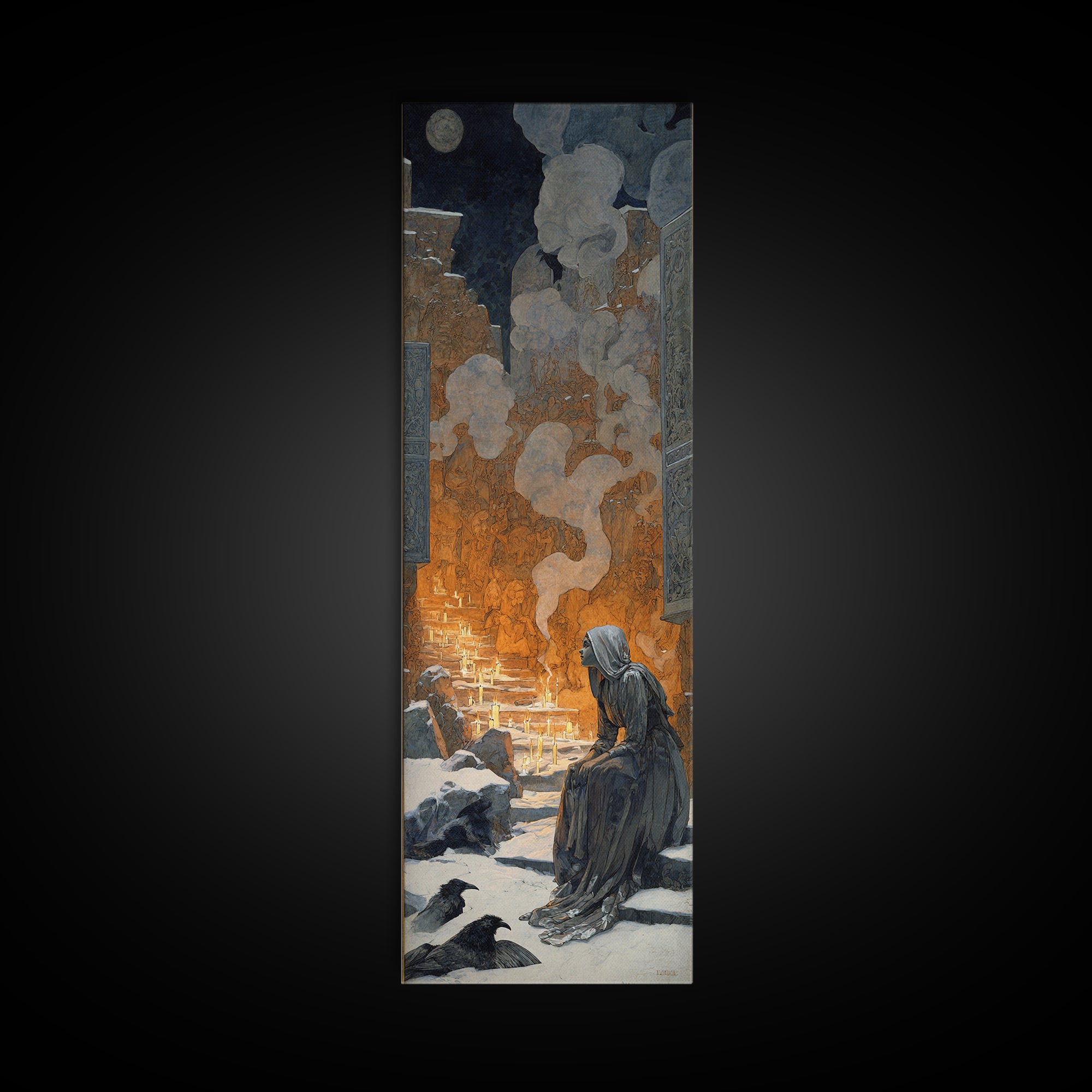 The Candlelit Crypt, Symbolist Death Art, Tall Narrow Wall Art, Macabre Wall Art, Framed Canvas Print, Halloween Wall Art