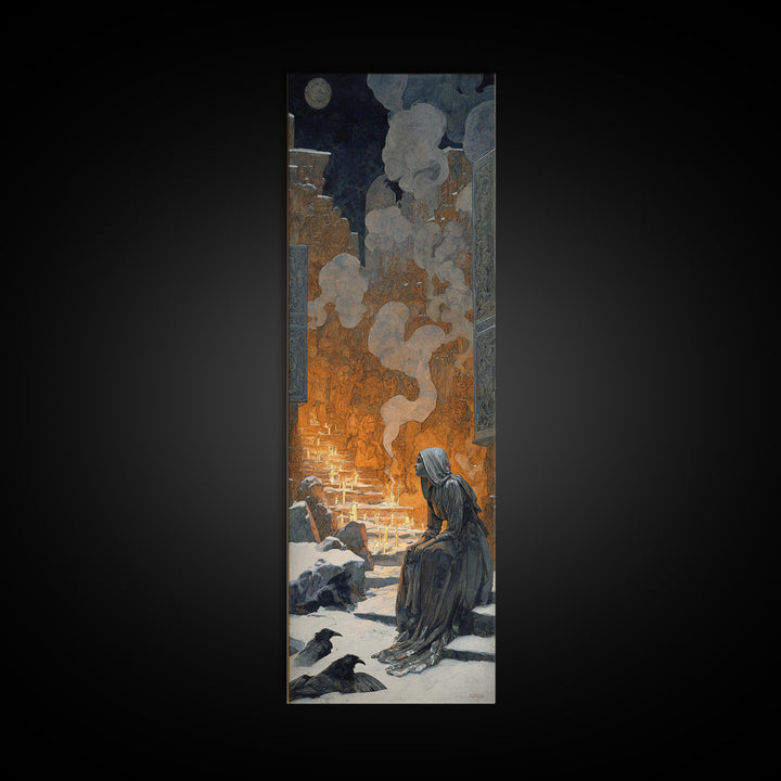The Candlelit Crypt, Symbolist Death Art, Tall Narrow Wall Art, Macabre Wall Art, Framed Canvas Print, Halloween Wall Art