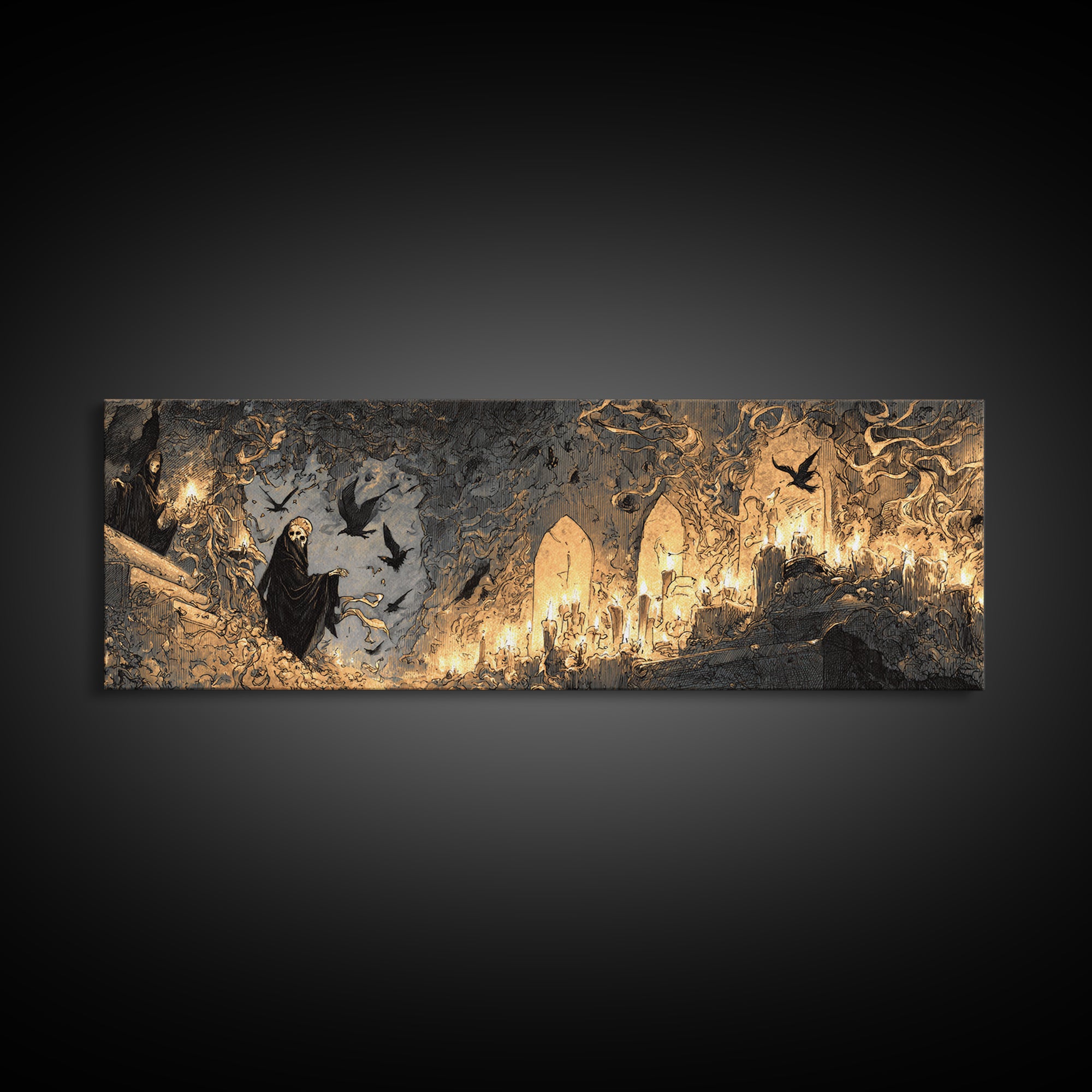 The Candlelit Crypt, Expressionist Nightmare Art, Extra Wide Wall Art, Macabre Wall Art, Framed Canvas Print, Halloween Wall Art