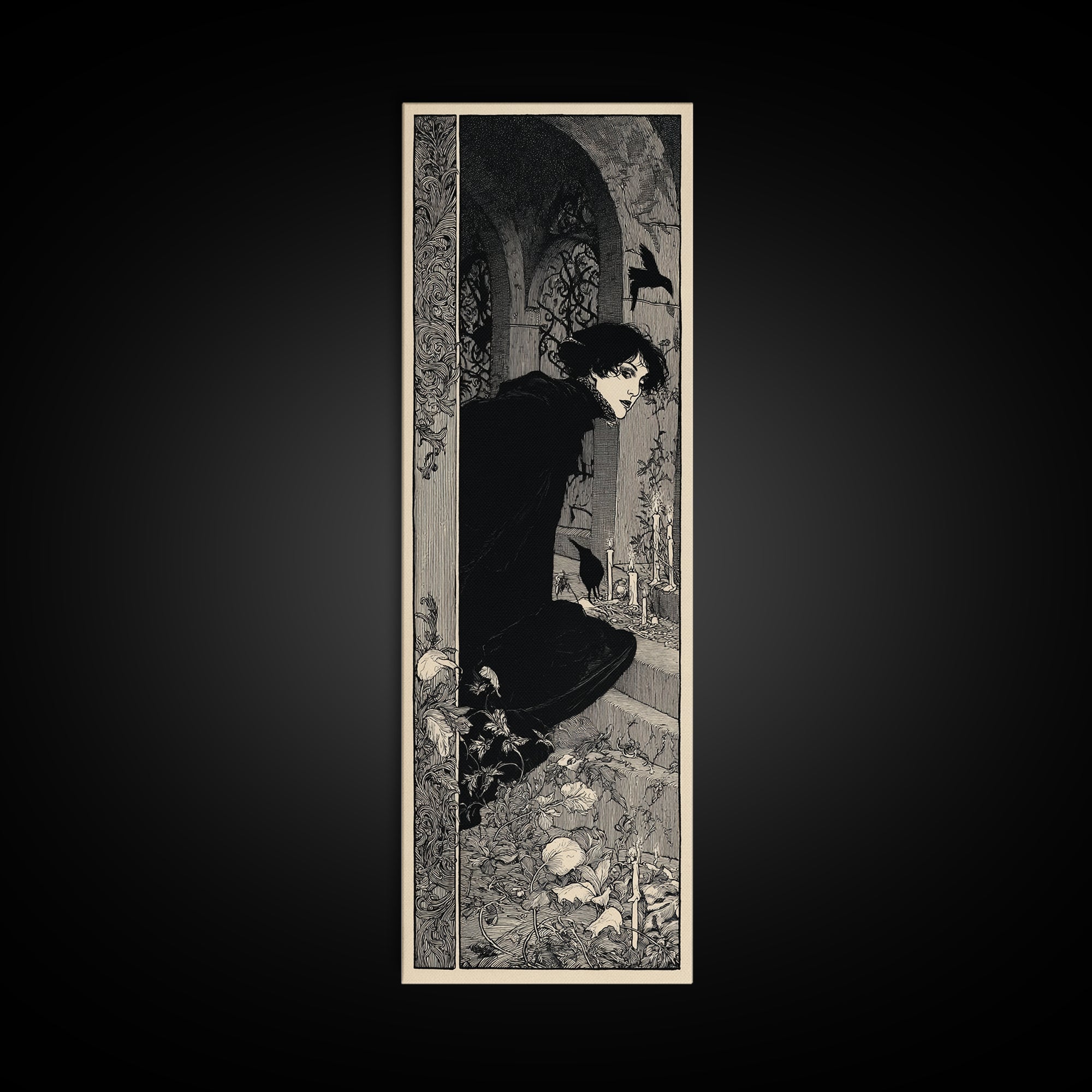 The Candlelit Crypt, Decadent Line Art, Tall Narrow Wall Art, Macabre Wall Art, Framed Canvas Print, Halloween Wall Art