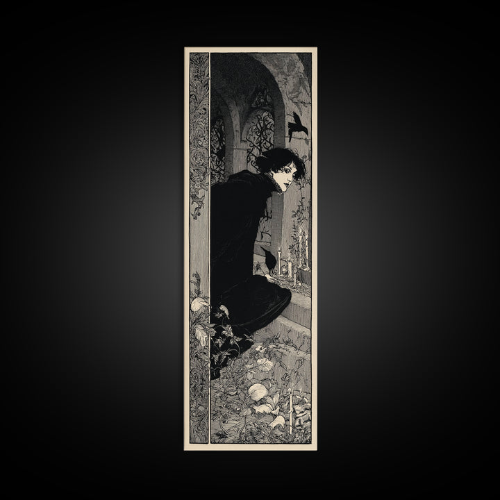The Candlelit Crypt, Decadent Line Art, Tall Narrow Wall Art, Macabre Wall Art, Framed Canvas Print, Halloween Wall Art
