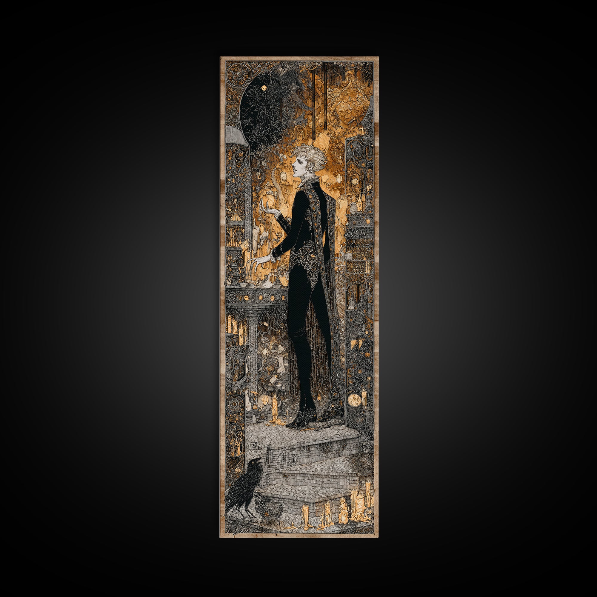 The Candlelit Crypt, Stained Glass Gothic Art, Tall Narrow Wall Art, Dark Fantasy Wall Art, Framed Canvas Print, Halloween Wall Art