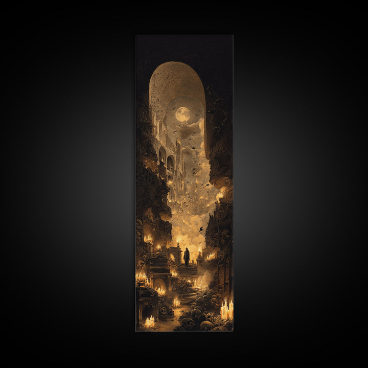 The Candlelit Crypt, Surreal Apocalyptic Art, Tall Narrow Wall Art, Dark Fantasy Wall Art, Framed Canvas Print, Halloween Wall Art