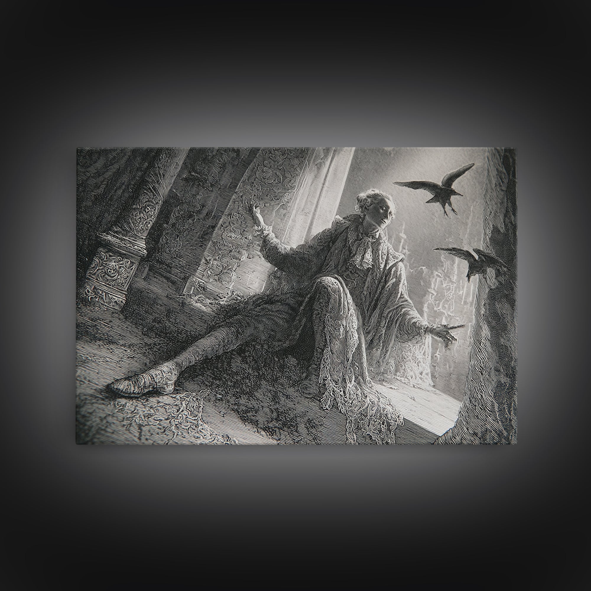 Black Lace And Cobwebs, Gothic Engraving Art, Landscape Wall Art, Dark Halloween Decor, Framed Canvas Print, Halloween Wall Art