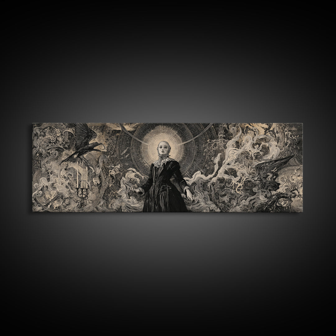 Black Lace And Cobwebs, Dark Renaissance Art, Extra Wide Wall Art, Dark Fantasy Wall Art, Framed Canvas Print, Halloween Wall Art