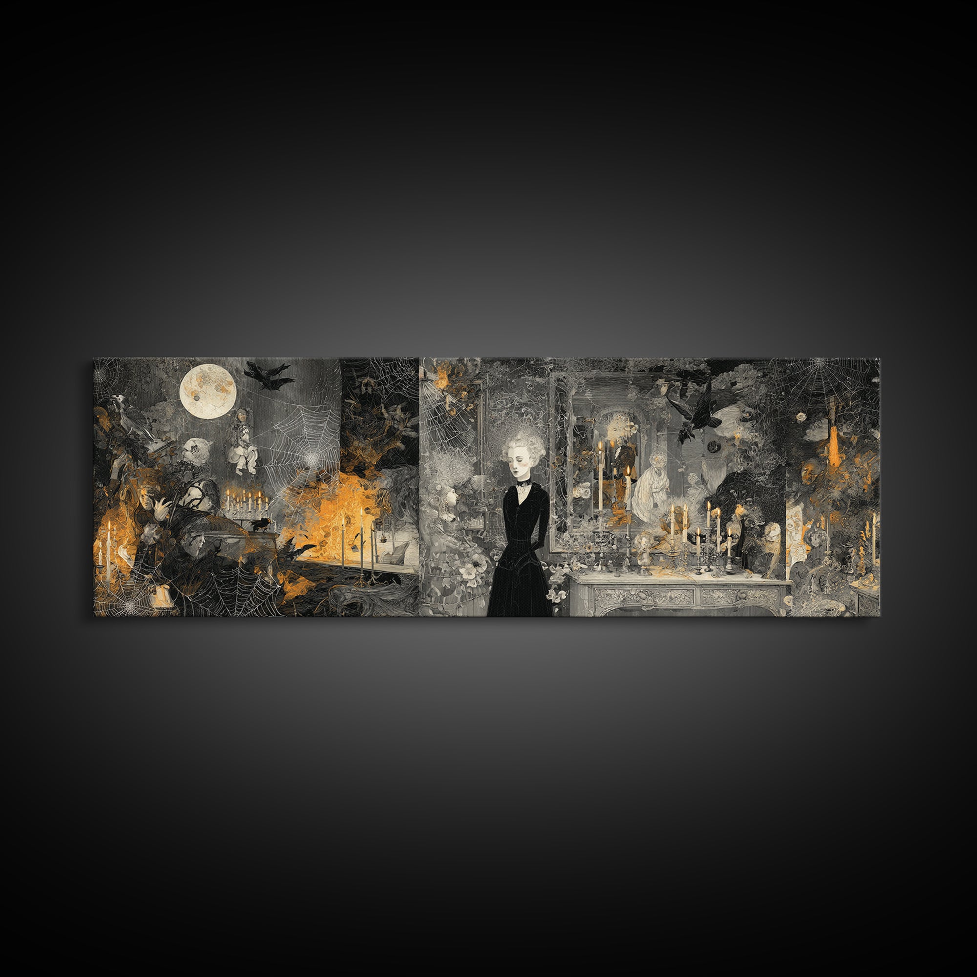 Black Lace And Cobwebs, Visionary Gothic Art, Extra Wide Wall Art, Macabre Wall Art, Framed Canvas Print, Halloween Wall Art