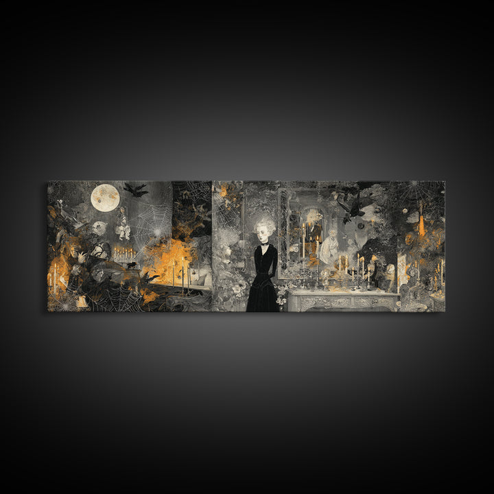 Black Lace And Cobwebs, Visionary Gothic Art, Extra Wide Wall Art, Macabre Wall Art, Framed Canvas Print, Halloween Wall Art