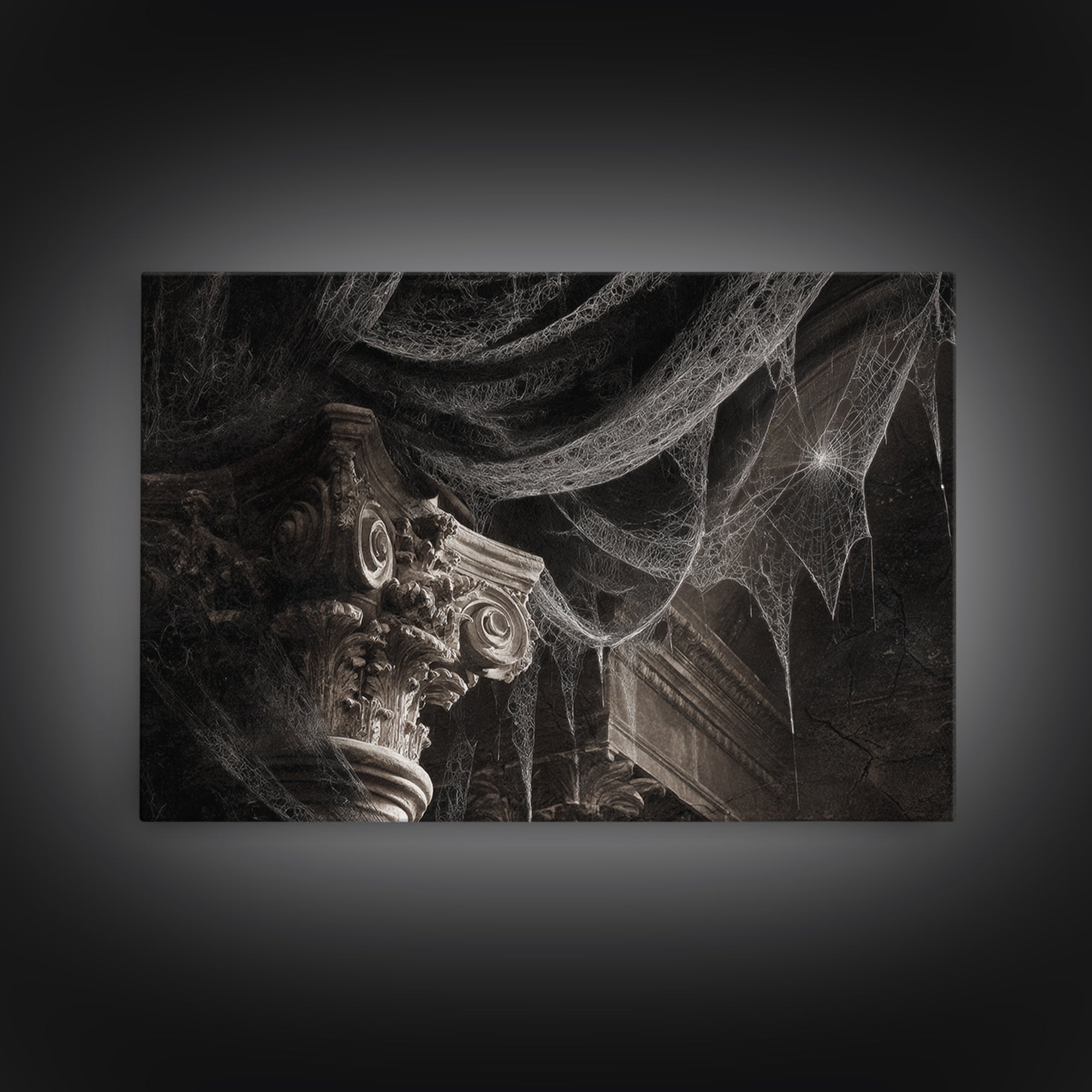 Black Lace And Cobwebs, Architectural Etching Art, Landscape Wall Art, Dark Fantasy Wall Art, Framed Canvas Print