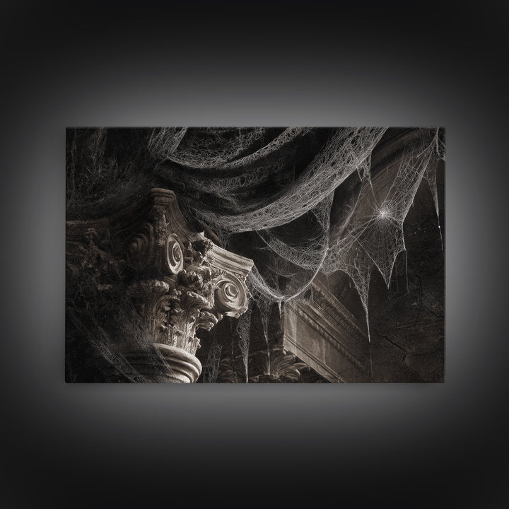 Black Lace And Cobwebs, Architectural Etching Art, Landscape Wall Art, Dark Fantasy Wall Art, Framed Canvas Print