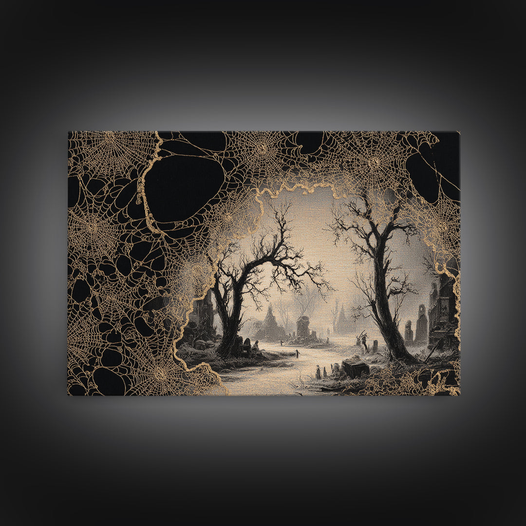 Black Lace And Cobwebs, Romantic Gothic Landscape, Landscape Wall Art, Gothic Horror Wall Art, Framed Canvas Print