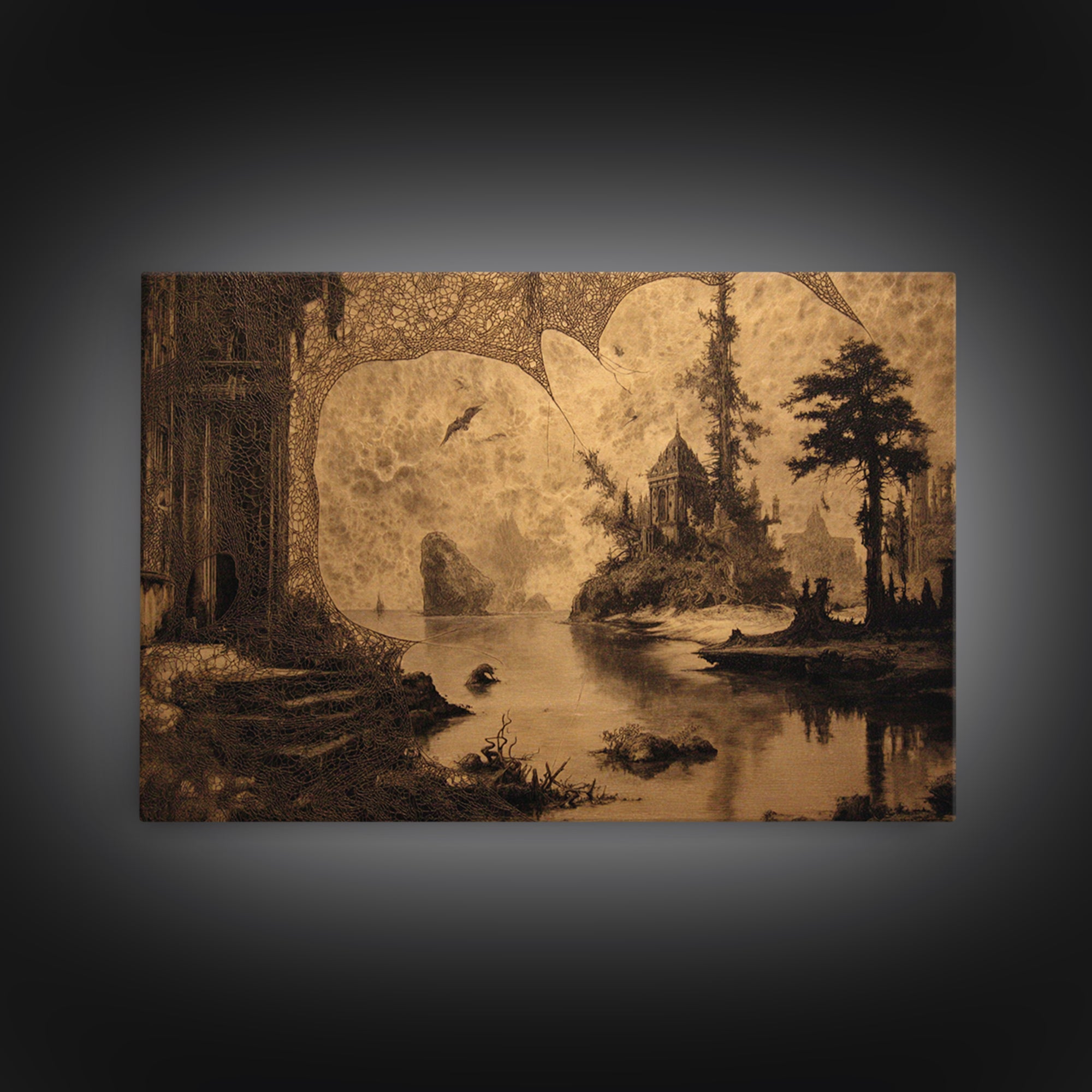 Black Lace And Cobwebs, Symbolist Gothic Landscape, Landscape Wall Art, Dark Halloween Decor, Canvas Print, Halloween Wall Art