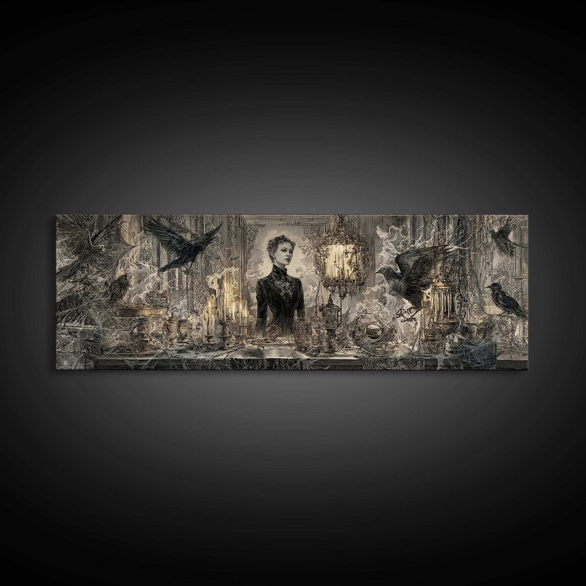 Black Lace And Cobwebs, Ornate Symbolist Art, Extra Wide Wall Art, Gothic Horror Wall Art, Canvas Print, Halloween Wall Art