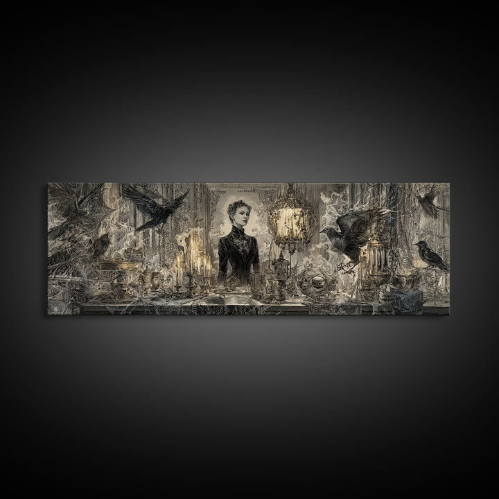 Black Lace And Cobwebs, Ornate Symbolist Art, Extra Wide Wall Art, Gothic Horror Wall Art, Canvas Print, Halloween Wall Art
