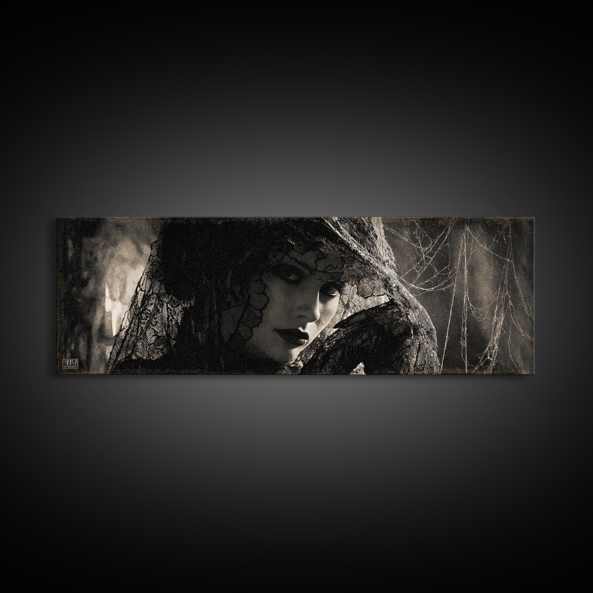 Black Lace And Cobwebs, Decadent Gothic Art, Extra Wide Wall Art, Dark Halloween Decor, Canvas Print, Halloween Wall Art