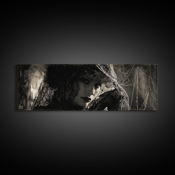 Black Lace And Cobwebs, Decadent Gothic Art, Extra Wide Wall Art, Dark Halloween Decor, Canvas Print, Halloween Wall Art