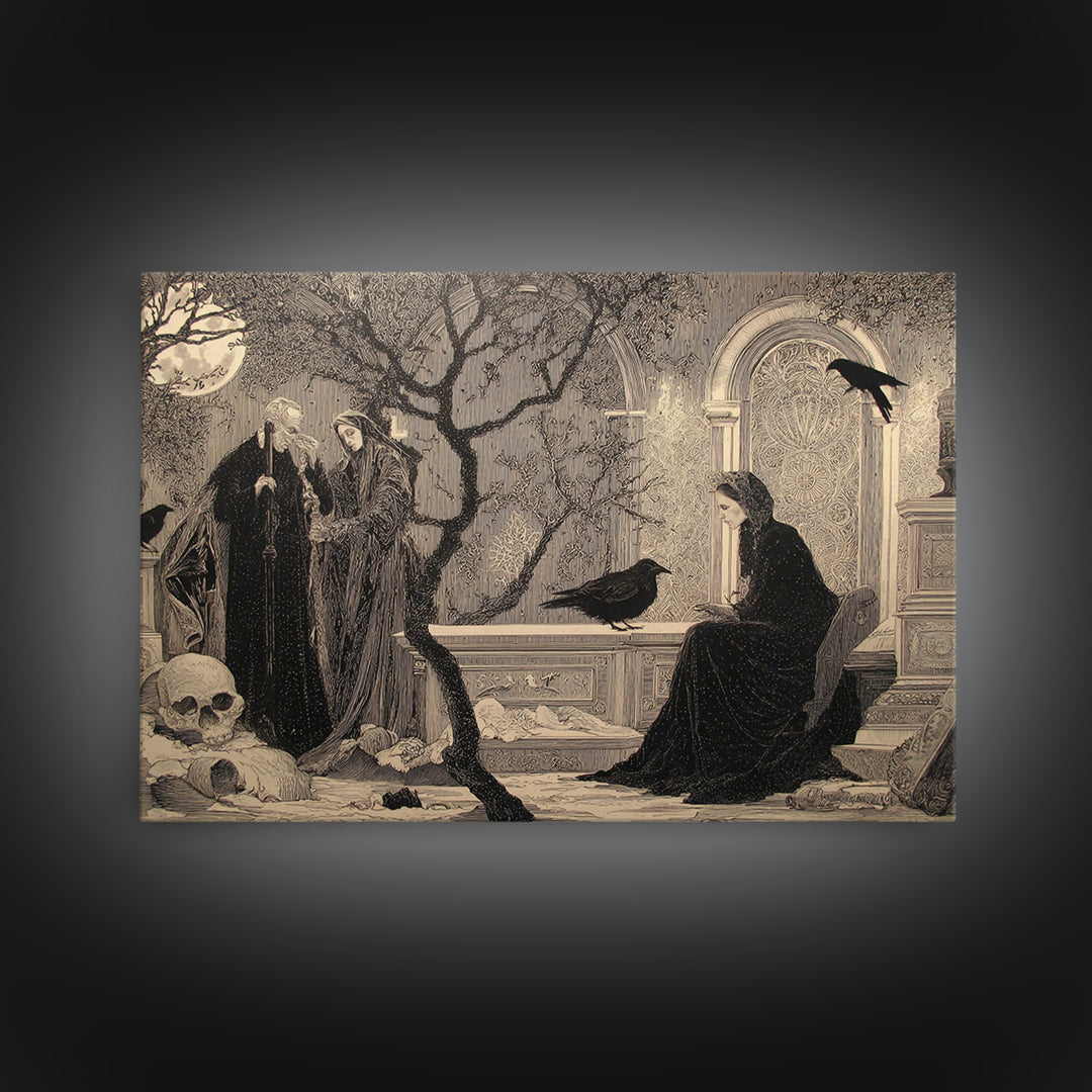 Black Lace And Cobwebs, Symbolist Death Art, Landscape Wall Art, Dark Halloween Decor, Framed Canvas Print, Halloween Wall Art