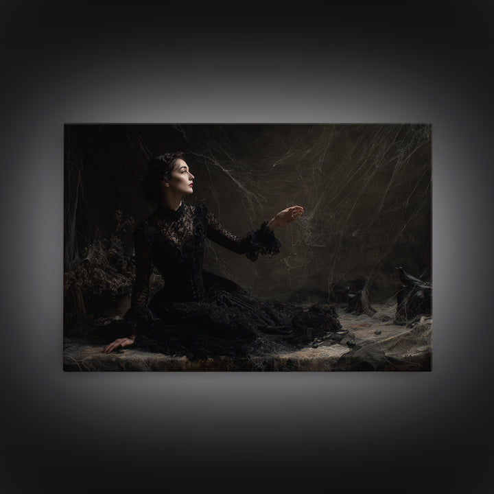 Black Lace And Cobwebs, Dark Symbolist Art, Landscape Wall Art, Gothic Horror Wall Art, Canvas Print, Halloween Wall Art