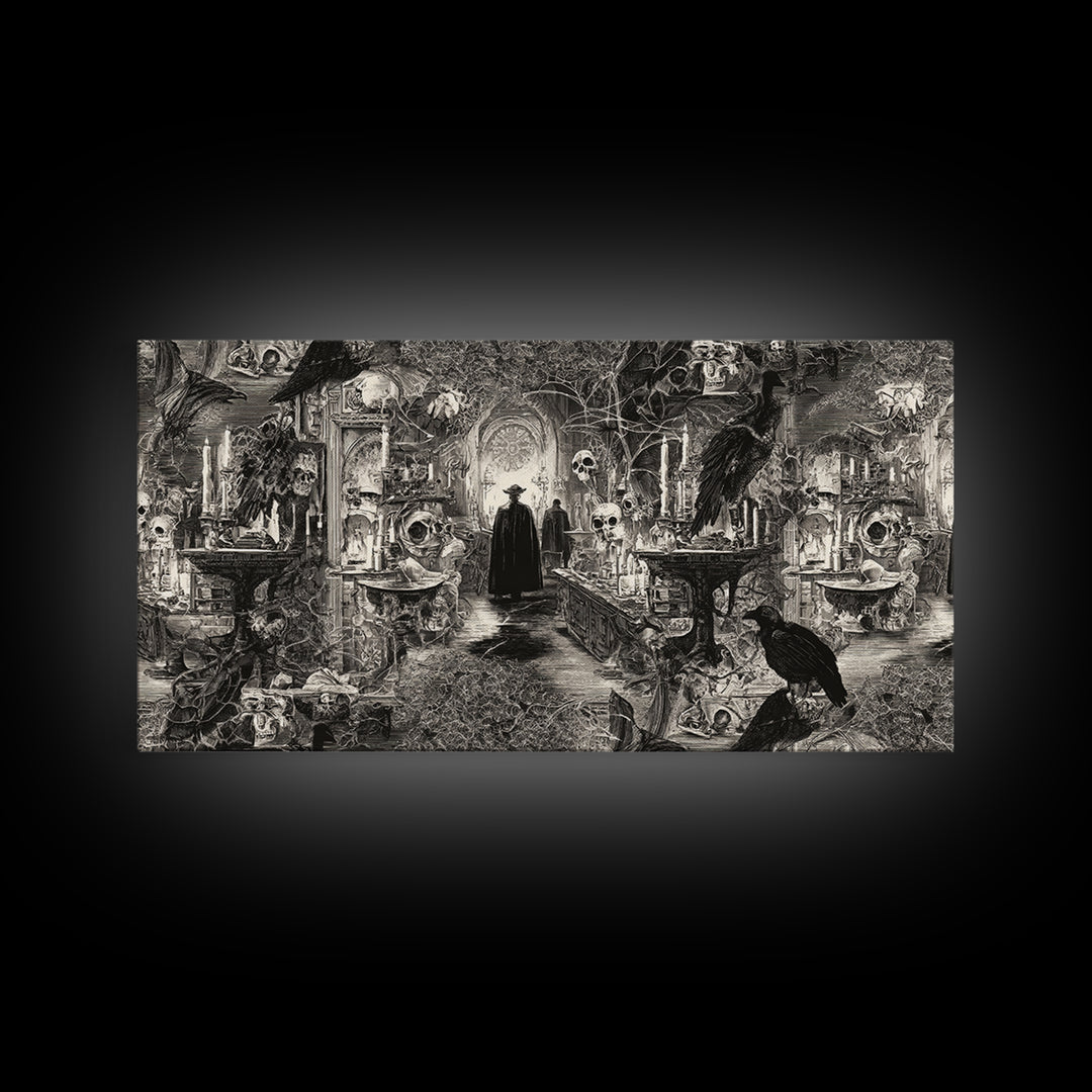 Black Lace And Cobwebs, Grotesque Carnival Art, Wide Panoramic Art, Dark Fantasy Wall Art, Framed Canvas Print, Halloween Wall Art
