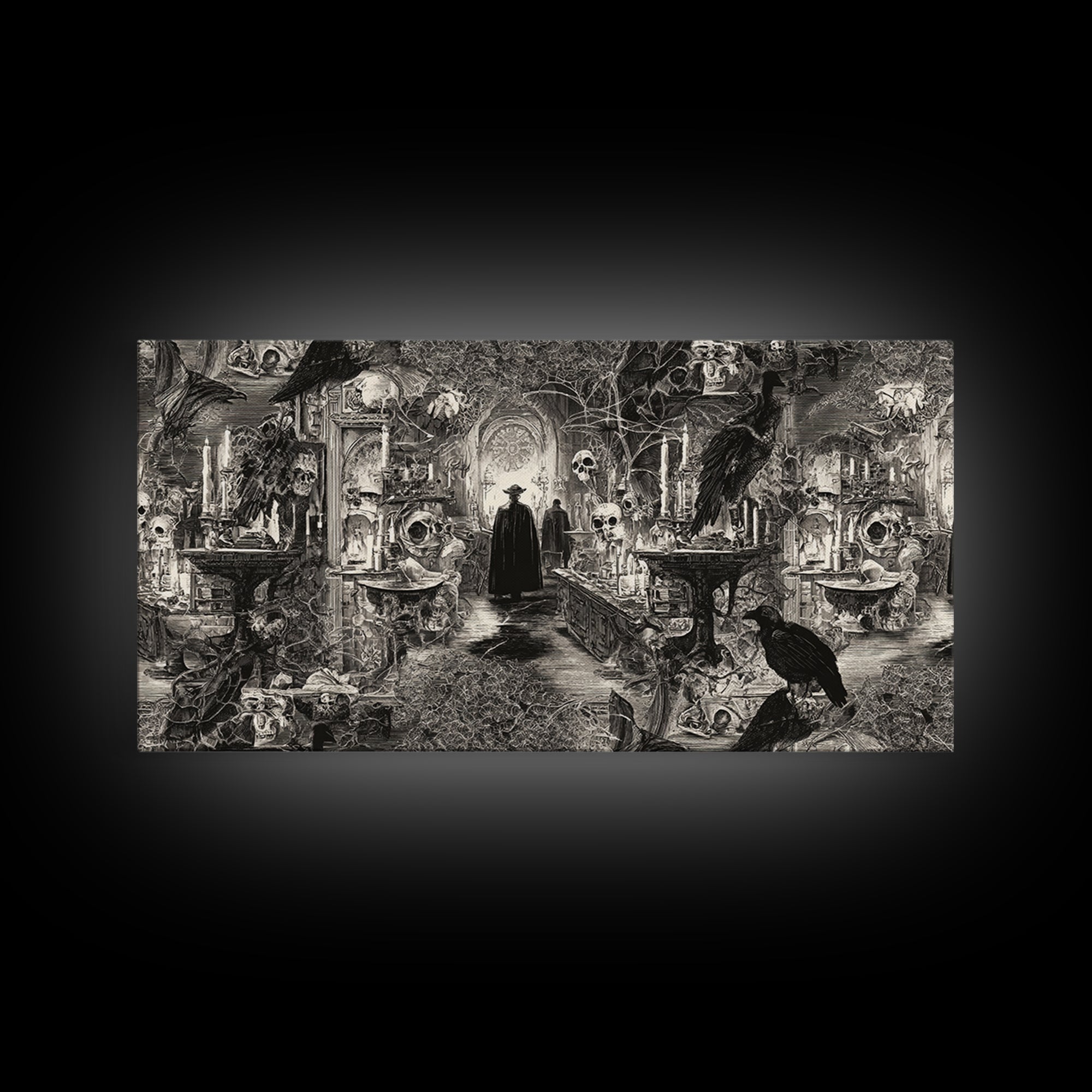 Black Lace And Cobwebs, Grotesque Carnival Art, Wide Panoramic Art, Dark Fantasy Wall Art, Framed Canvas Print, Halloween Wall Art