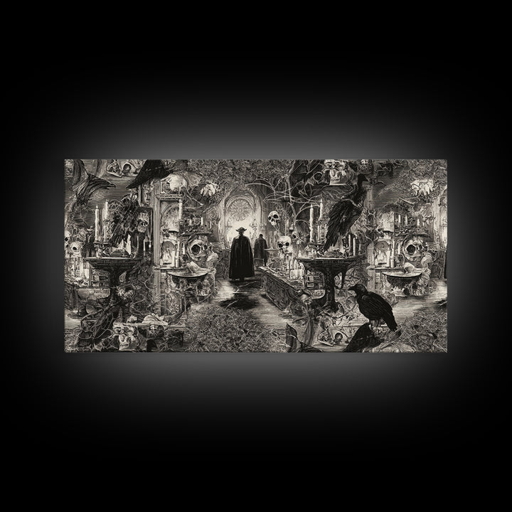Black Lace And Cobwebs, Grotesque Carnival Art, Wide Panoramic Art, Dark Fantasy Wall Art, Framed Canvas Print, Halloween Wall Art
