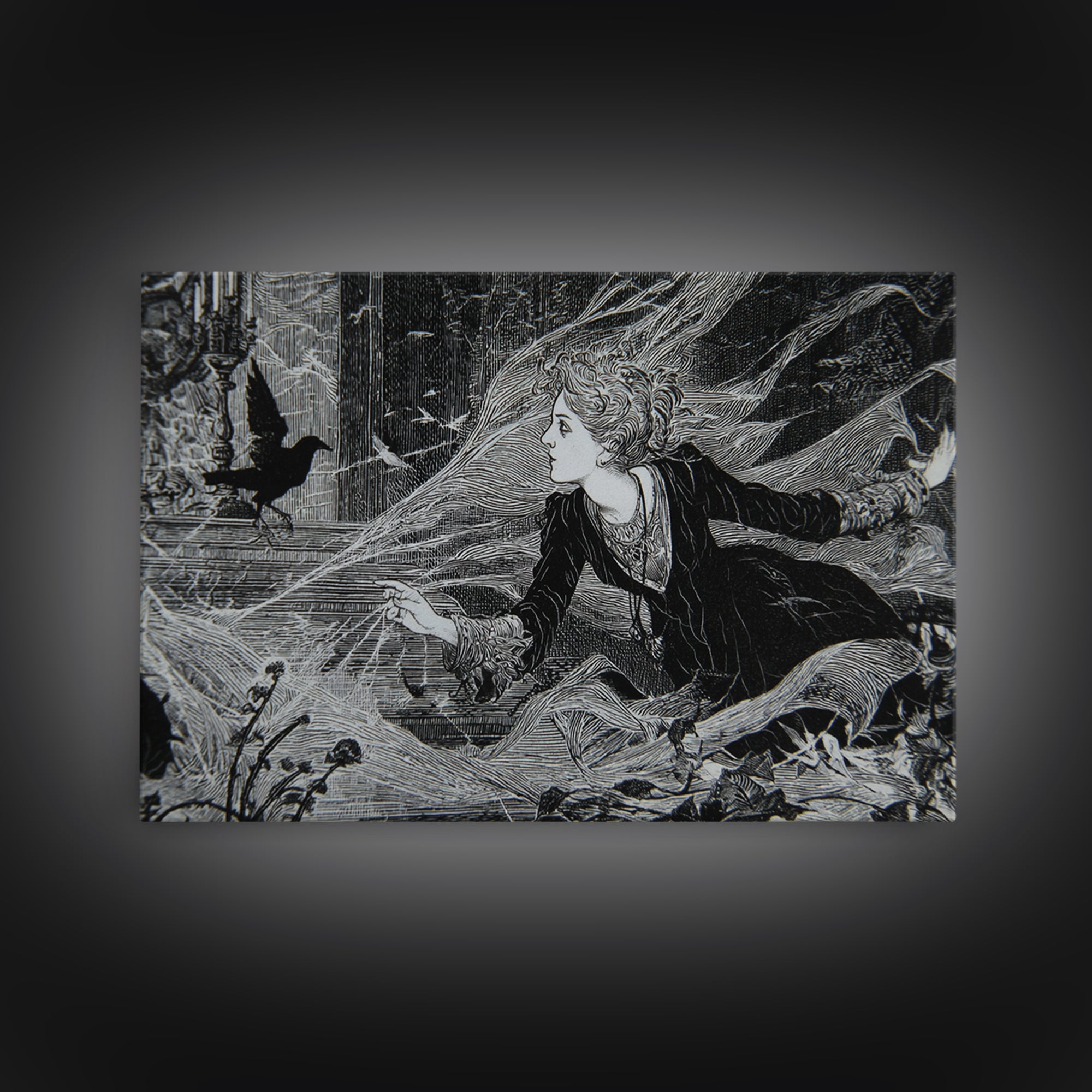Black Lace And Cobwebs, Stained Glass Gothic Art, Landscape Wall Art, Macabre Wall Art, Framed Canvas Print, Halloween Wall Art