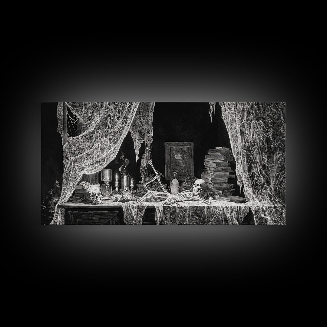 Black Lace And Cobwebs, Macabre Folk Print Art, Wide Panoramic Art, Gothic Horror Wall Art, Canvas Print, Halloween Wall Art