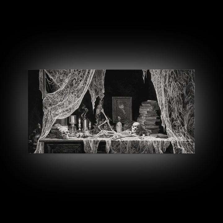 Black Lace And Cobwebs, Macabre Folk Print Art, Wide Panoramic Art, Gothic Horror Wall Art, Canvas Print, Halloween Wall Art