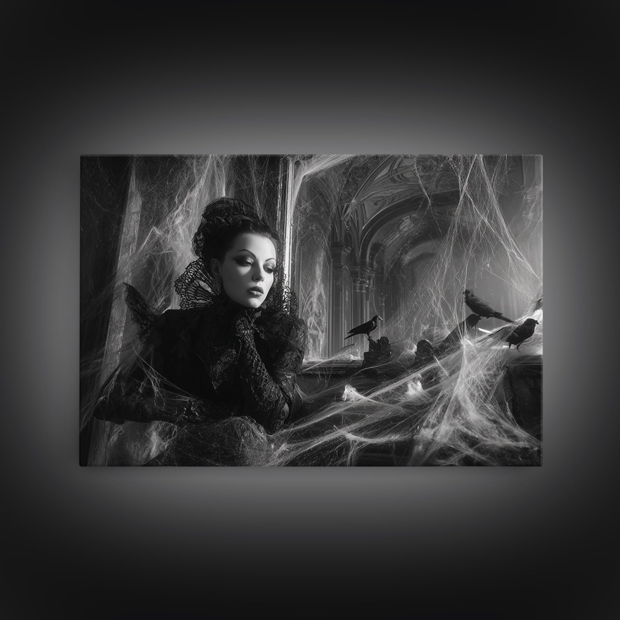 Black Lace And Cobwebs, Biomechanical Horror Art, Landscape Wall Art, Dark Fantasy Wall Art, Canvas Print, Halloween Wall Art