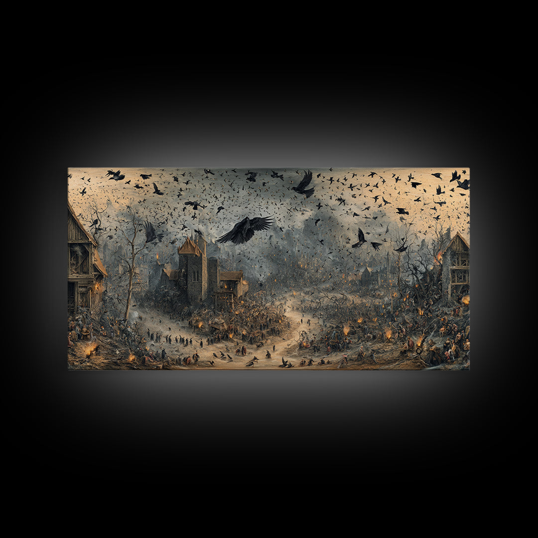 Ravens And Ruins, Northern Renaissance Horror, Wide Panoramic Art, Dark Halloween Decor, Framed Canvas Print, Halloween Wall Art