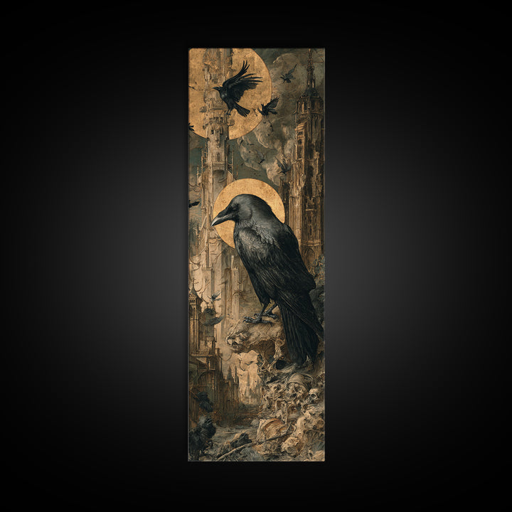 Ravens And Ruins, Dark Renaissance Art, Tall Narrow Wall Art, Gothic Horror Wall Art, Framed Canvas Print, Halloween Wall Art