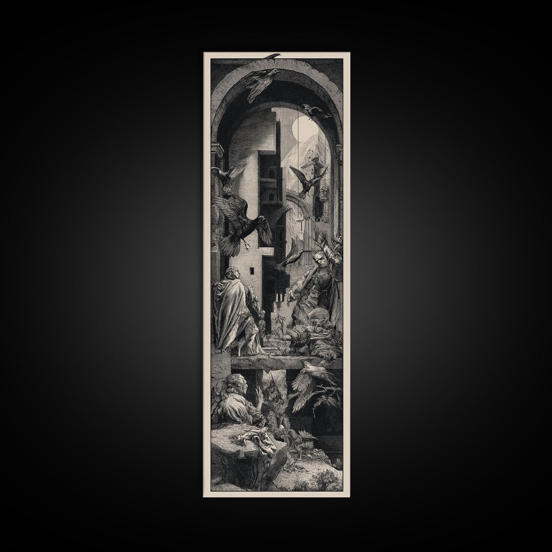 Ravens And Ruins, Renaissance Engraving Art, Tall Narrow Wall Art, Gothic Horror Wall Art, Framed Canvas Print, Halloween Wall Art