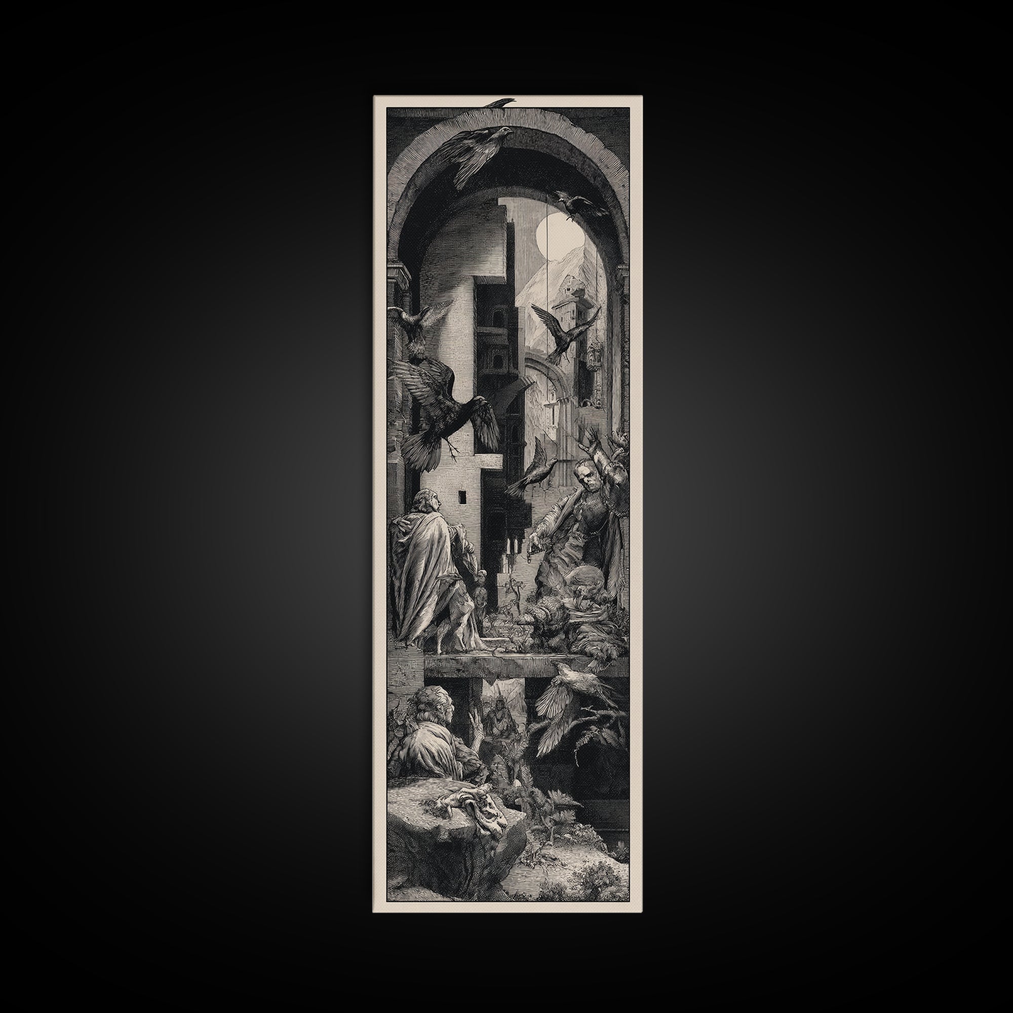 Ravens And Ruins, Renaissance Engraving Art, Tall Narrow Wall Art, Gothic Horror Wall Art, Framed Canvas Print, Halloween Wall Art