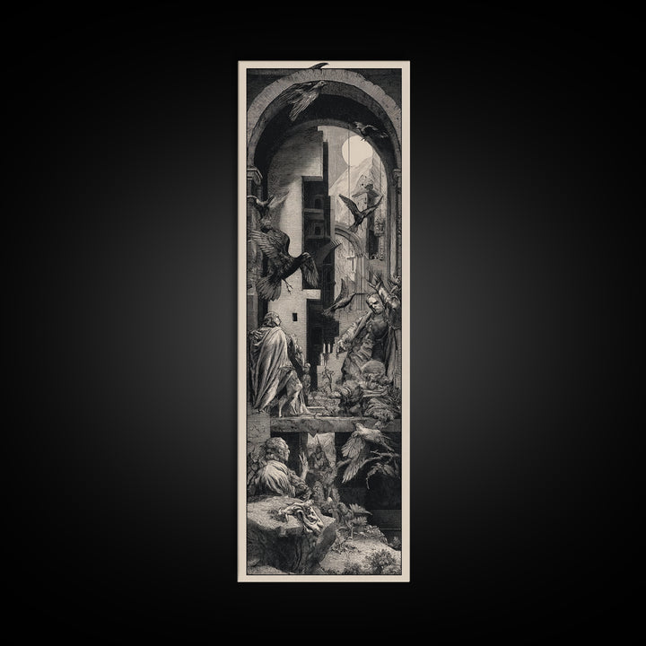 Ravens And Ruins, Renaissance Engraving Art, Tall Narrow Wall Art, Gothic Horror Wall Art, Framed Canvas Print, Halloween Wall Art