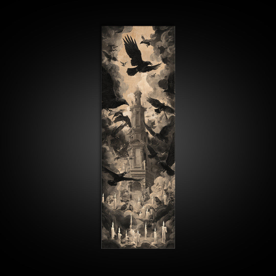 Ravens And Ruins, Gothic Nightmare Art, Tall Narrow Wall Art, Gothic Horror Wall Art, Framed Canvas Print, Halloween Wall Art
