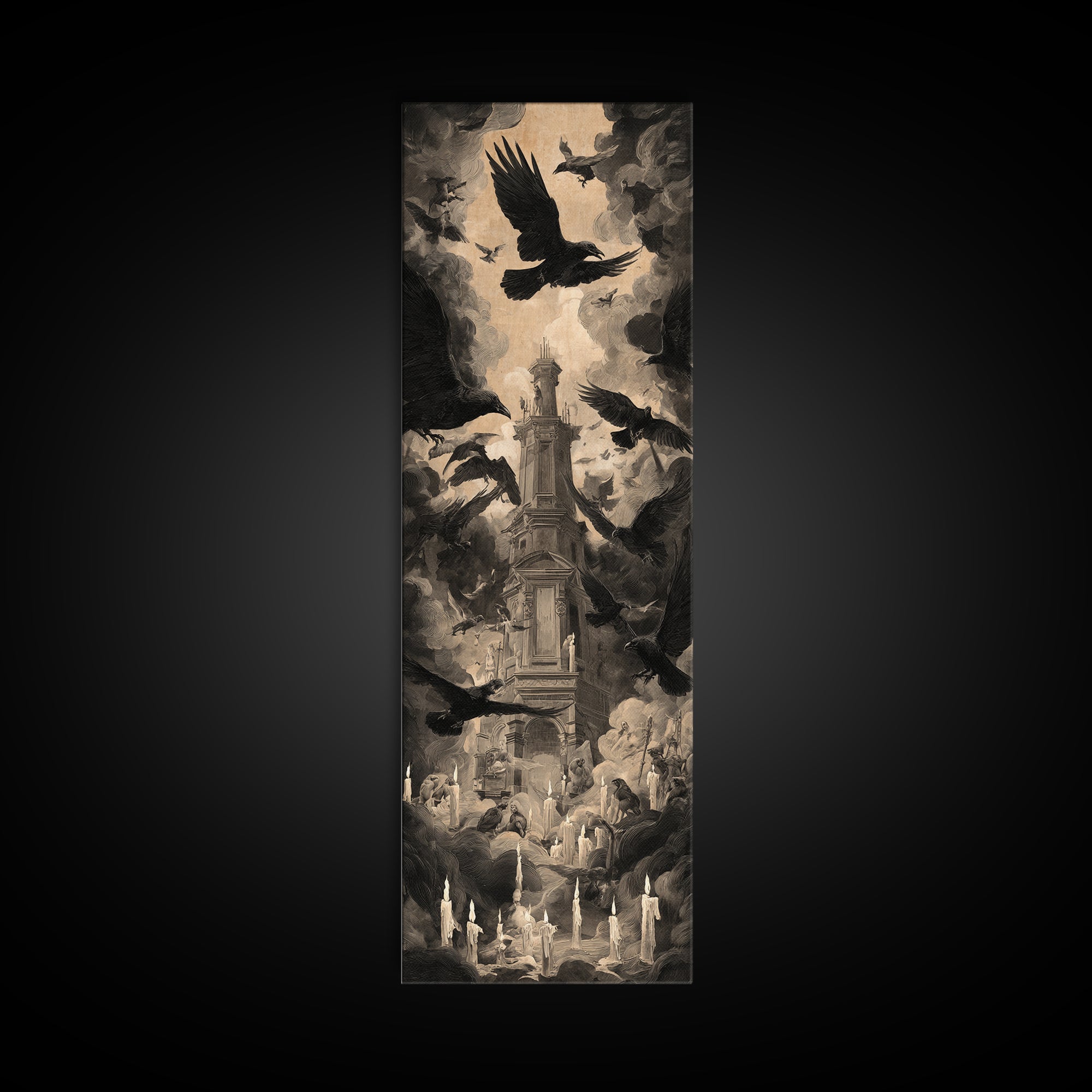 Ravens And Ruins, Gothic Nightmare Art, Tall Narrow Wall Art, Gothic Horror Wall Art, Framed Canvas Print, Halloween Wall Art