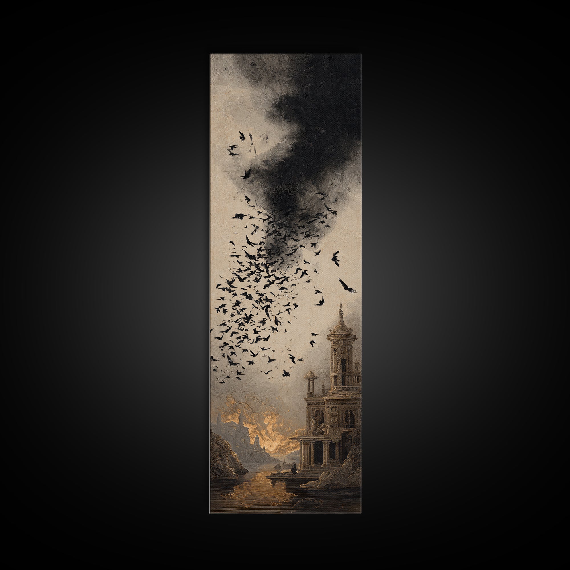 Ravens And Ruins, Apocalyptic Romantic Art, Tall Narrow Wall Art, Gothic Horror Wall Art, Framed Canvas Print, Halloween Wall Art