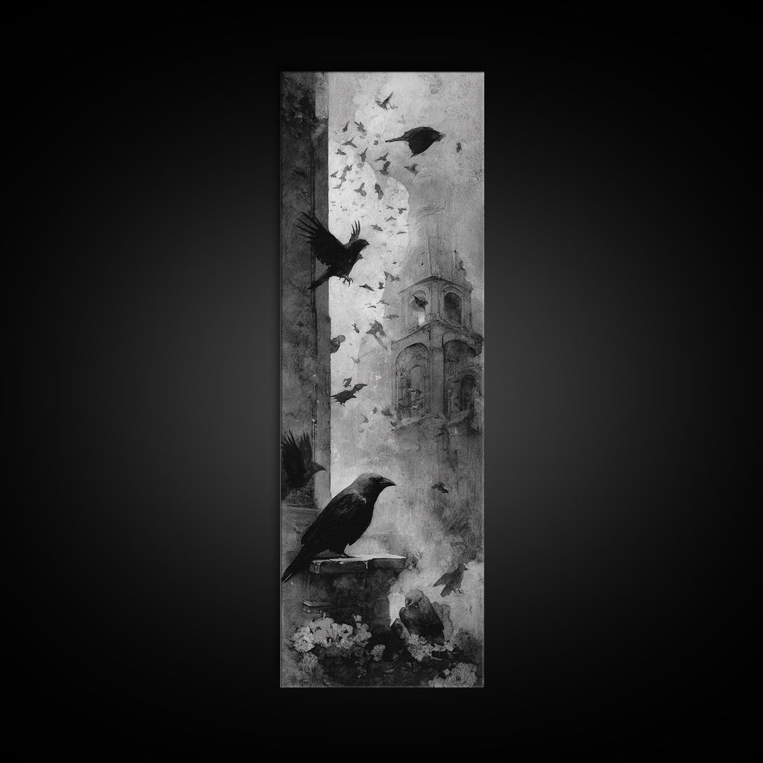 Ravens And Ruins, Symbolist Dream Art, Tall Narrow Wall Art, Dark Fantasy Wall Art, Canvas Print, Halloween Wall Art