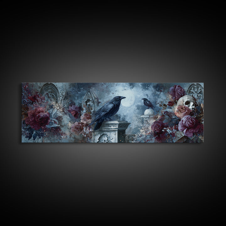 Silent Graveyard with Blue Moon Haze Framed Canvas Print, Dark Art, Print, Living Room Decor, Nocturne, Moody Wall Art, DAR-3x1-10