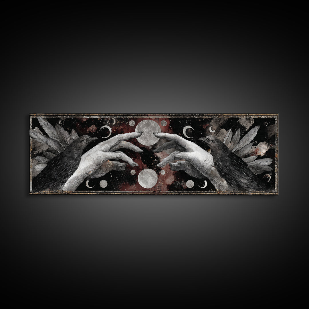 Occult Celestial Hands Framed Canvas Print, Dark Art, Living Room Decor, Fine Art, Nocturne, Luxury Decor, Textured Painting, DAR-3x1-12