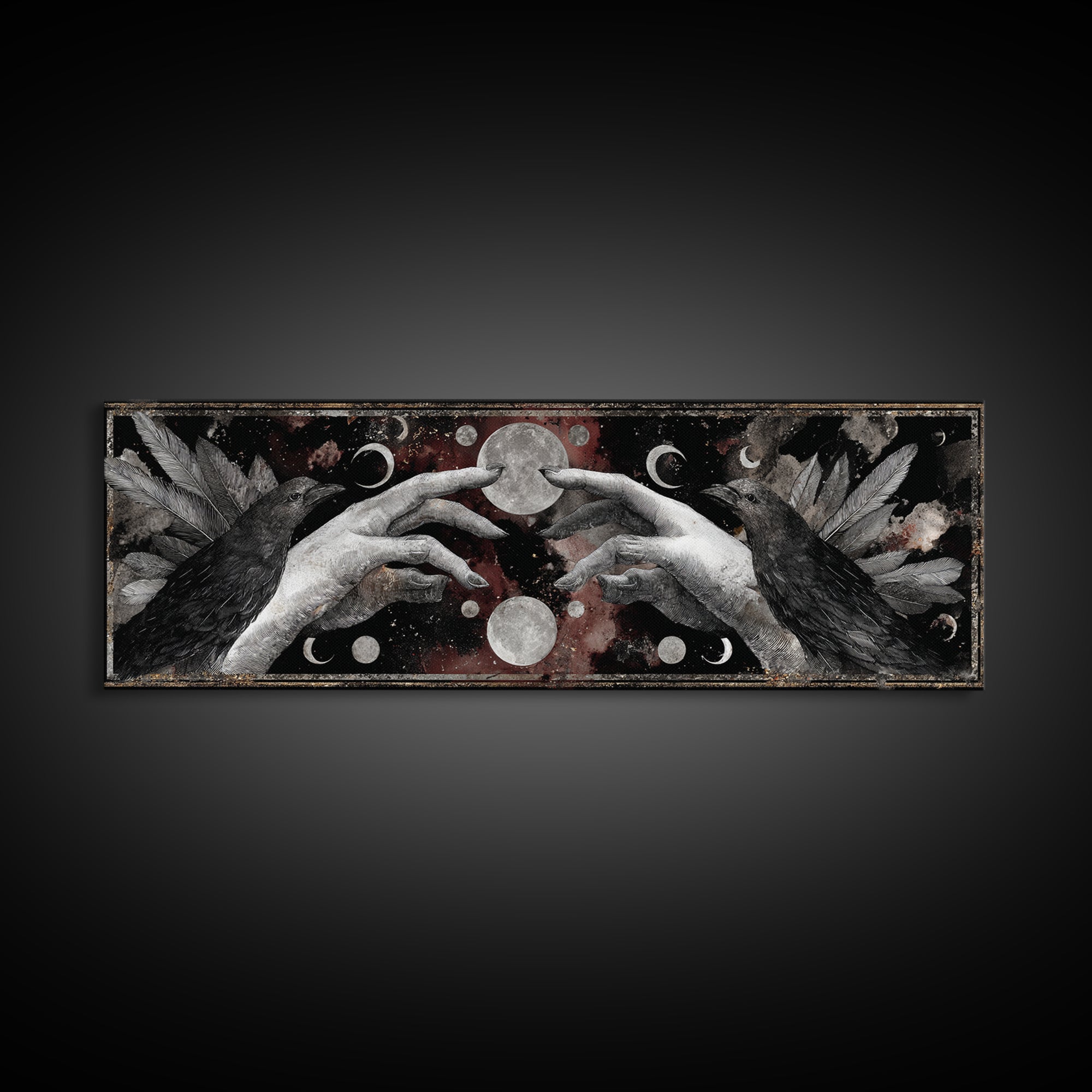 Occult Celestial Hands Framed Canvas Print, Dark Art, Living Room Decor, Fine Art, Nocturne, Luxury Decor, Textured Painting, DAR-3x1-12