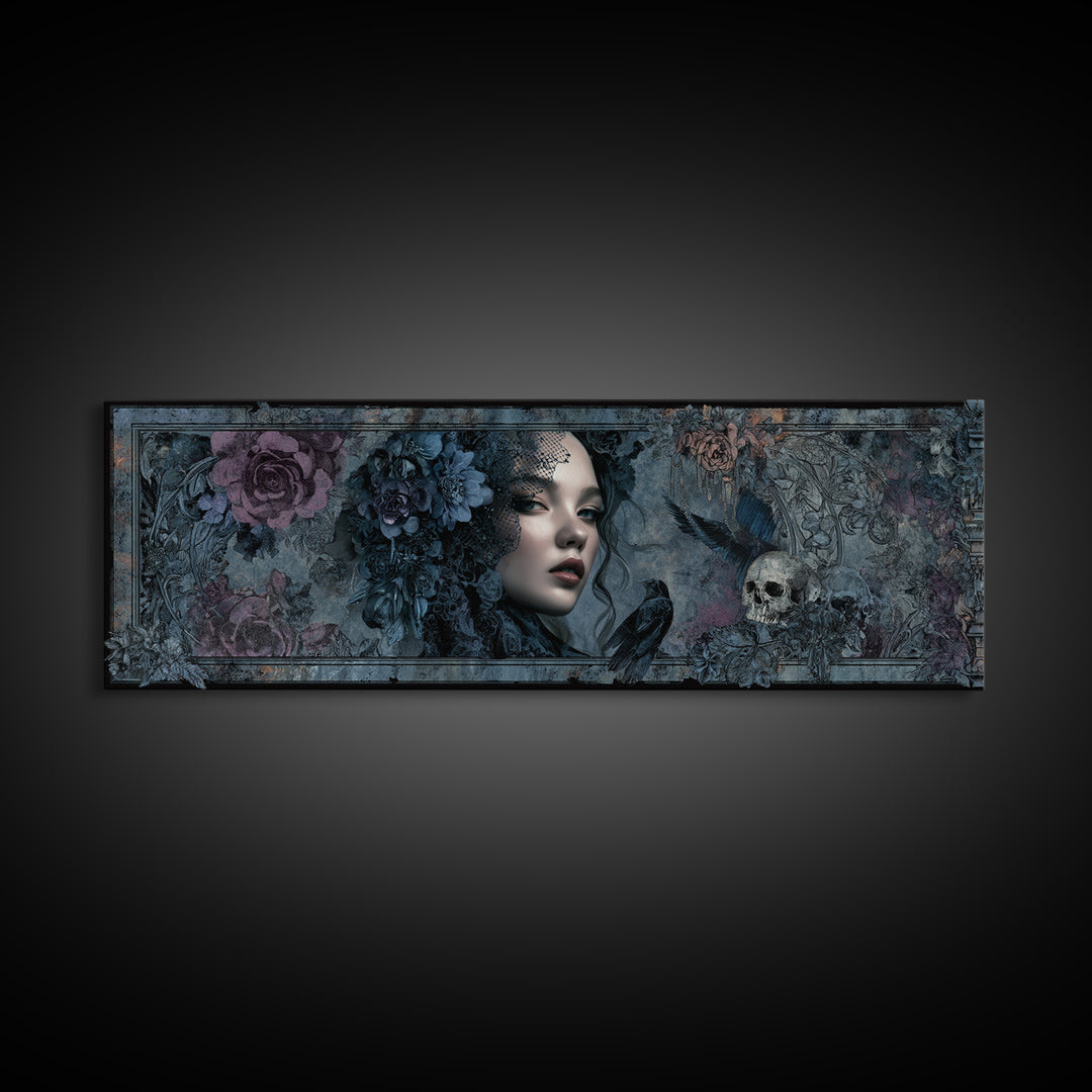 Gothic Woman Portrait Canvas Print, Dark Art, Weird Art, Living Room Decor, Fine Art, Nocturne, Textured Painting, DAR-3x1-20