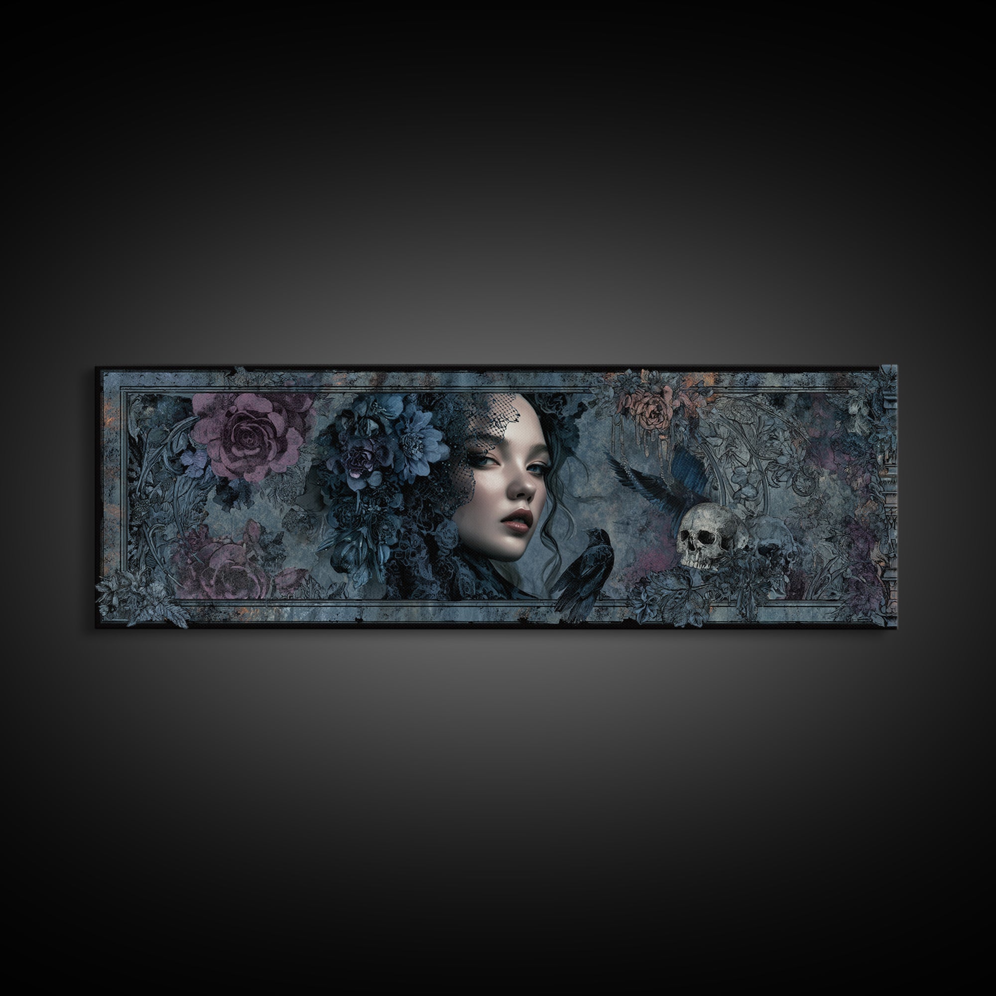 Gothic Woman Portrait Canvas Print, Dark Art, Weird Art, Living Room Decor, Fine Art, Nocturne, Textured Painting, DAR-3x1-20